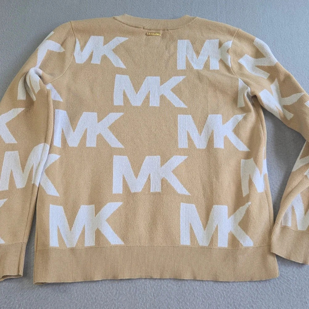 Michael Kors MK Logo Sweater Womens Medium Camel White Monogram Crewneck